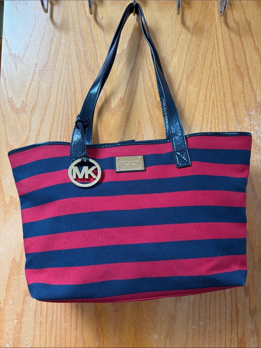 Michael Kors Red and Navy Striped Canvas Tote with Black Leather Straps